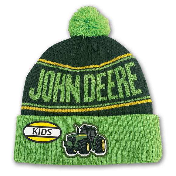 Kids Green Knit Cuffed Tractor Beanie